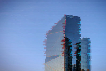 Office glitch building on blue background. Abstract digital background. Glitch city noise texture....