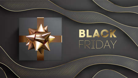 Black friday banner with black giftbox decorated with golden ribbon on black background.のイラスト素材