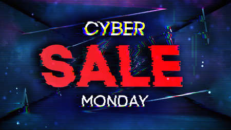 Cyber monday glitch effect neon lamps design. Geometric trendy minimal design. Digital glitch background .の写真素材