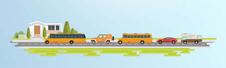 Cartoon city illustration. School bus, sport car, camping truck. EPS 10.のイラスト素材
