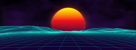 80s background retro landscape. Futuristic neon 1980s style. Cyber surface. Party background. Retro...