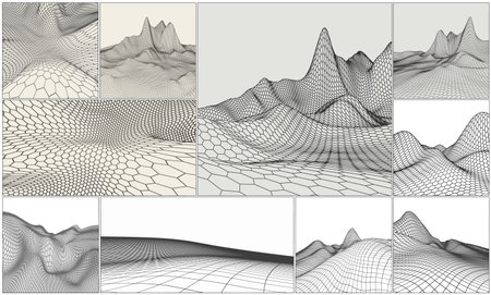 Wireframe landscape backgrounds set. Vector illustration. Terrain digital topography wireframe. Mountain data wireframe modelling map.のイラスト素材