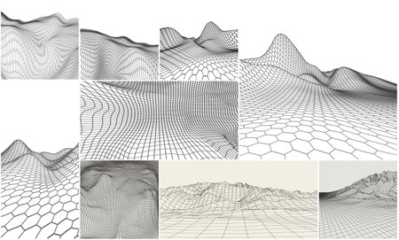 Wireframe landscape backgrounds set. Vector illustration. Terrain digital topography wireframe. Mountain data wireframe modelling map.のイラスト素材