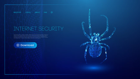 Virus spider in low poly style on blue background. Cybercryme technology network web vector illustration. Internet fraud abstract vector background. Cyber criminal hacker attack.のイラスト素材