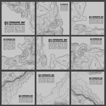 Grey contours vector topography. Geographic mountain topography vector illustration. Topographic pattern texture. Map on land vector terrain. Elevation graphic contour height lines. Vector Set.のイラスト素材