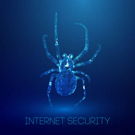 Virus spider in low poly style on blue background. Cybercryme technology network web vector illustration. Internet fraud abstract vector background. Cyber criminal hacker attack.のイラスト素材