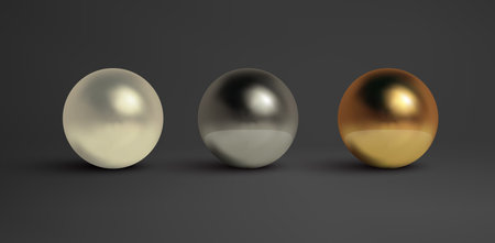 Abstract metal balls set. Pearl, black metal,brass,silver. Vector golden sphere isolated object on...
