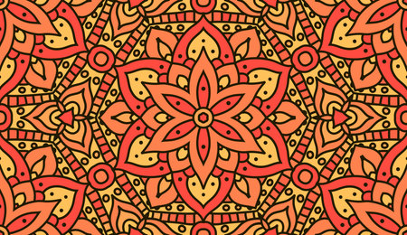 Oriental abstract orange floral print. Indian mandala pattern seamless vector design. Vector seamless pattern for fabrique.のイラスト素材