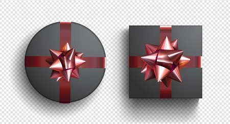 Black gift circle box with ribbon. Gift box bow design 3d vector.のイラスト素材