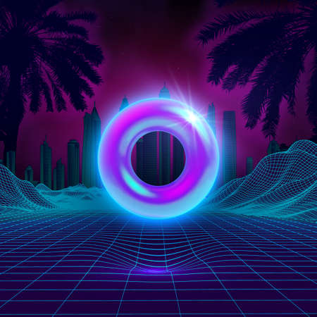 Retro palms with wireframe landscape on sunset light. Futuristic city vector illustration.のイラスト素材