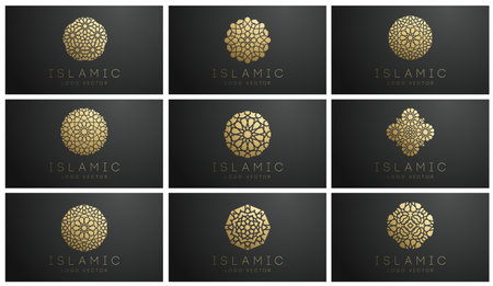 Gold islamic  set on dark background. Ramadan kareem vector pattern. Round shape   design. Islamic circle logo simple pattern. Arabic vector 3d emblem.のイラスト素材