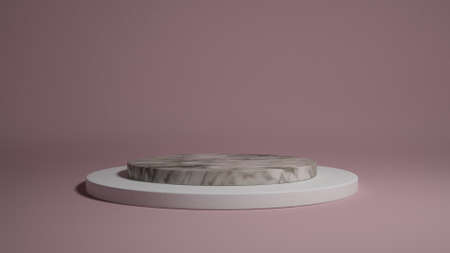 Marble podium on pink background. Beauty concept. Empty showcase cosmetic product presentation in pastel pink room.の写真素材