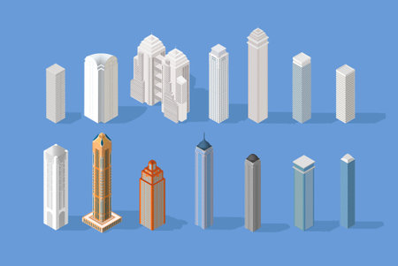 Vector isometric buildings set. Skyscraper and hotel, office building,house isometric.