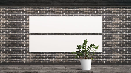 Mockup brick wall with flower plant in Scandinavian style. Blank white poster with frame empty wall...