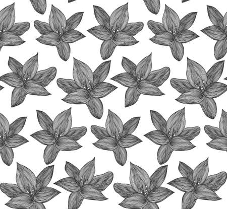 Floral vector background black and white. Linear lily flower line seamless pattern for textile design. Vector seamless black and white flower pattern.のイラスト素材