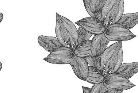 Floral vector background black and white. Linear lily flower line seamless pattern for textile design. Vector seamless black and white flower pattern.のイラスト素材