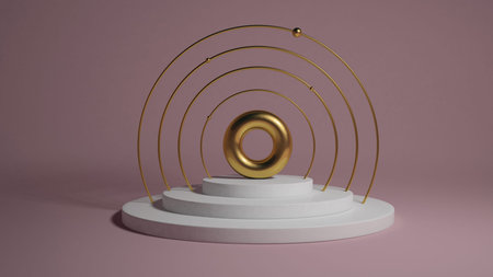 Abstract gold torus on luxury mock up stage. Platform  3d render podium on pink background in 3d...