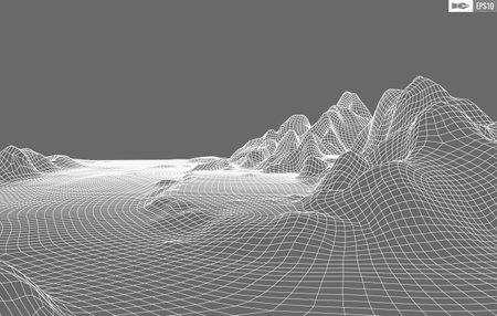 Wireframe landscape on white background. Abstract geometric vector technology background. 3d vector digital background.のイラスト素材