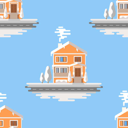 Snowy house seamless pattern on blue background. Christmas pattern vector.のイラスト素材