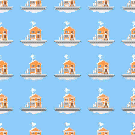 Snowy house seamless pattern on blue background. Christmas pattern vector.のイラスト素材