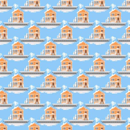 Snowy house seamless pattern on blue background. Christmas pattern vector.のイラスト素材