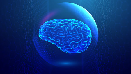 Brain power blue technology illustration. Artificial intelligence data analytics. 3d rendering....