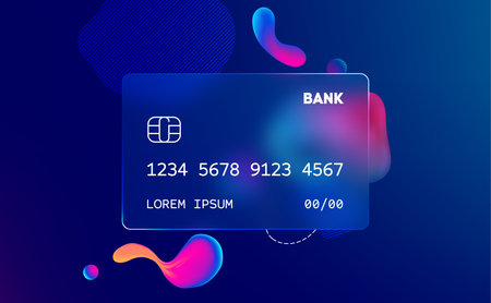 Glass morphism credit card template. Plastic rectangle of transparent plastic with blur effect. Liquid shapes morphism abstract art.のイラスト素材
