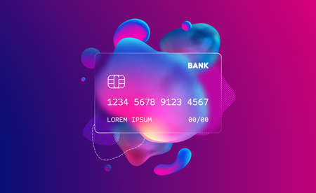 Glass morphism credit card template. Plastic rectangle of transparent plastic with blur effect. Liquid shapes morphism abstract art.のイラスト素材