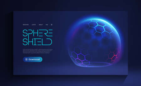 Sphere shield with hexagon pattern. Virus protection bubble. Sphere lines technology background. Magic orb vector illustration.のイラスト素材