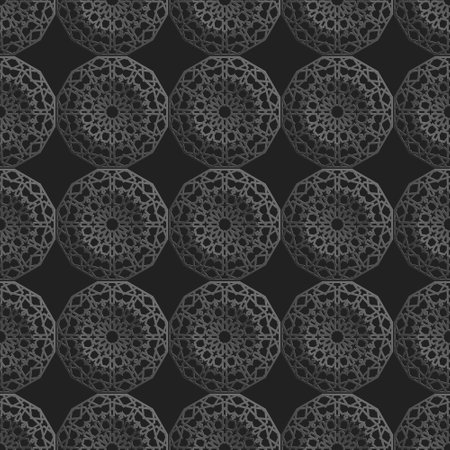 Seamless islamic pattern with radial ornament in moroccan style. Mettalic pattern on dark background. Abstract geometric ornament vector.のイラスト素材