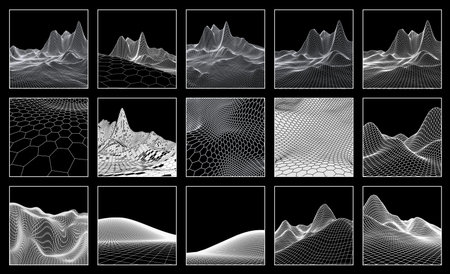 Wireframe landscape backgrounds set. EPS 10 Vector illustration. Terrain digital topography...