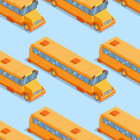 School bus seamless pattern on blue background.