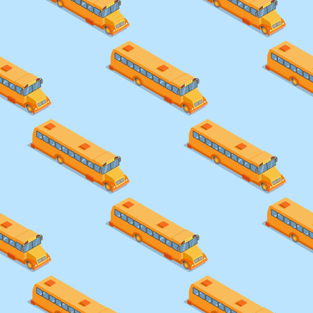 School bus seamless pattern on blue background.