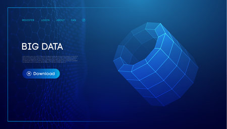 Bid data blue background. Wireframe cylinder vector. Network connection.