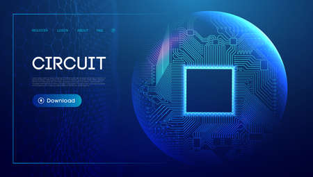 Electronic circuit board in sphere shield. Blue technology network vector illustration with hexagon wave. Network connection background.のイラスト素材