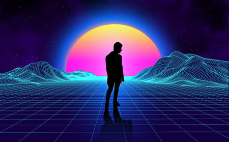 Retro landscape background sunset 3d landscape with man silhouette. Futuristic landscape 1980s...