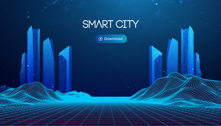 Wireframe landscape with Smart city. Technology background blue in low poly style. Data security 3d vector background. Global social network connection.のイラスト素材