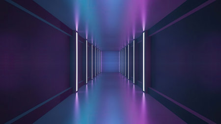 Night club interior neon lights. 3d render for laser show. Fluorescent vivid colors background. Neon corridor background. Light abstract futuristic design. Led lights backdrop.の写真素材
