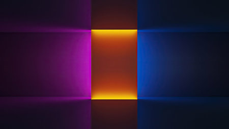 Night club interior neon lights. 3d render for laser show. Fluorescent vivid colors background. Neon...