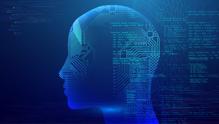Woman head artificial intelligence blue coding background