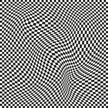 Seamless checkered pattern. Distorted optical illusion banner. Op art checkered curved pattern.のイラスト素材