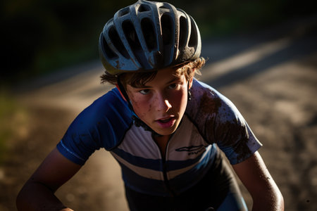 Portrait of a teenage boy riding a bike on a dirt roadの素材