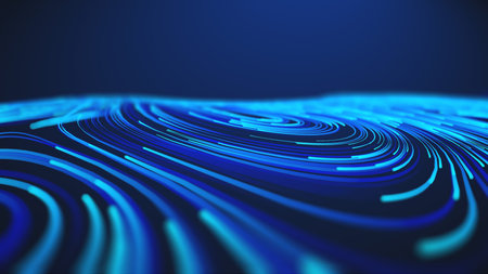 A captivating visualization of dynamic flowing blue lines creates an abstract futuristic concept of...