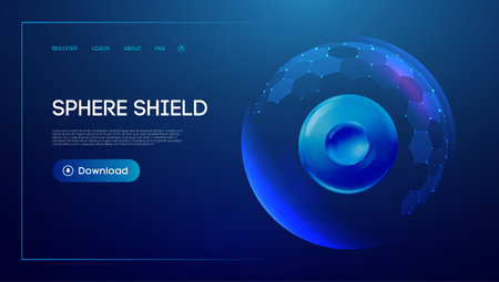 Shield Sphere Protect Hexagon 3D Background Technology Dome Ball Tech: Blue Abstract Glass Honeycomb Pattern with Energy Barrier, Cyber Field Vector, Transparent UV Layer, AI Immune Guard Effectのイラスト素材