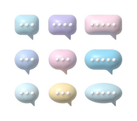 Set of nine pastel colored 3D speech bubbles with embossed dots, soft shadows on a white background. 3d chat bubble representing messaging, communication, and conversation in a modern digital style.のイラスト素材