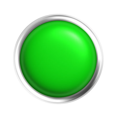 Glossy Green Button with Metallic Silver Frame Isolated on White Background, Shiny Round Push Button Symbolizing Approval, Activation, or Start, 3D Illustration for Interface Designのイラスト素材
