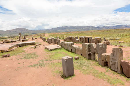 Panorama of the megalithic stones with intricate carving in the complex Puma Punku, Boliviaのeditorial素材