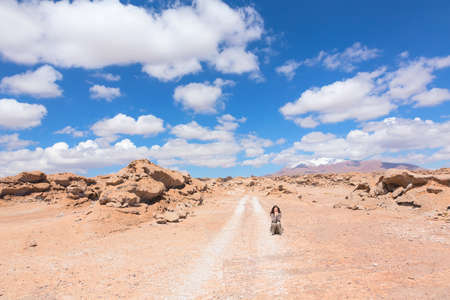 Woman catches the car at deserted road on sunny day, Boliviaの写真素材