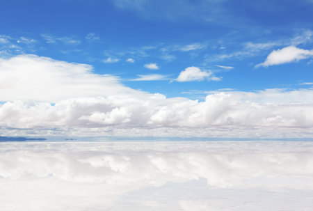 Panorama of the reflecting surface of the lake Salar de Uyuni, Bolivia
