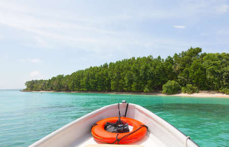 View to Zapatilla island from the bow of the boat, Panamaの写真素材